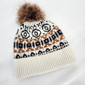 Cupcakes and Cashmere Fair Isle Beanie Faux Fur Pom Pom Winter Hat Snow Aspen‎